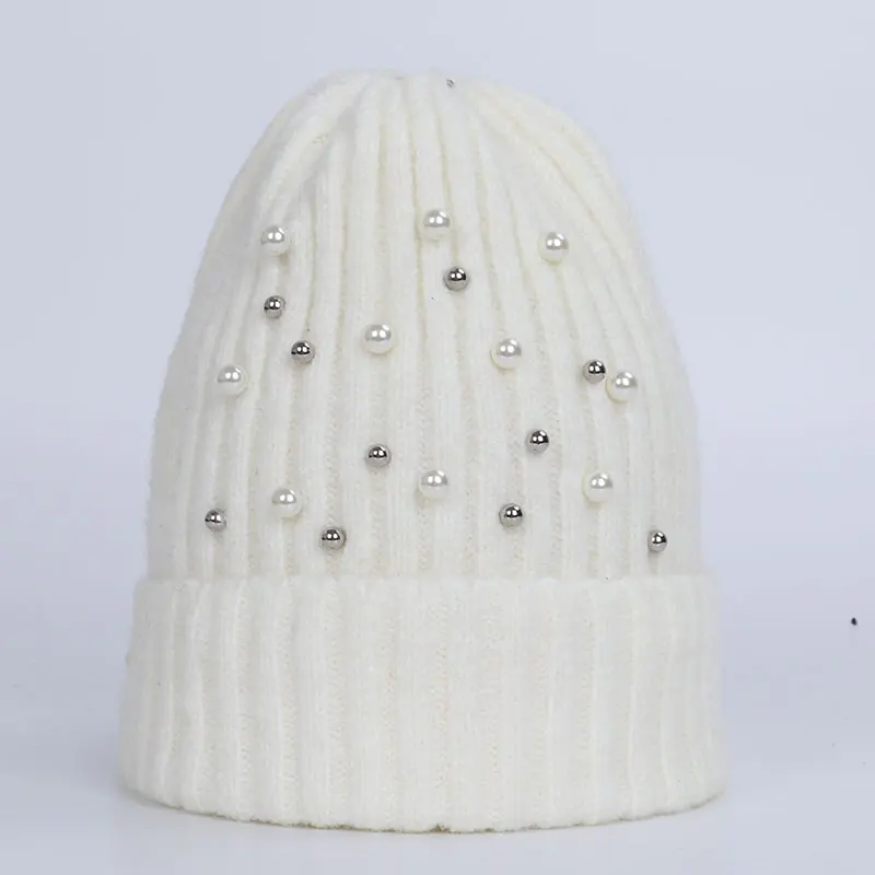 White-2 Помпоновая шапочка, зимние женские вязаные шапки, теплая утолщенная шапка со стразами, шапка с помпоном из натурального меха, вязаная шапка - Цвет: White-2