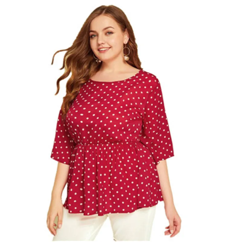 

Woman Plus Size Big Chiffon TopsRound Neck Blouse Polka Dot Printing Ruffled 2020 Summer New Clothes
