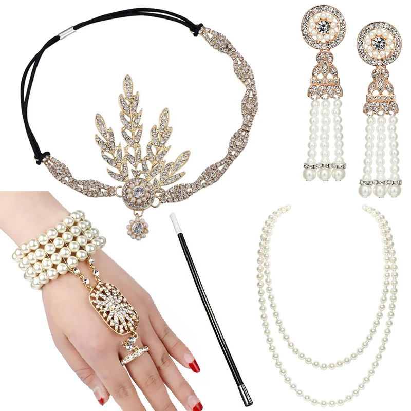 1920s Great Gatsby Accessories Set for Women 20s Costume Flapper Headband Pearl Necklace Bracelet Earring Cigarette Holder ladies halloween costumes