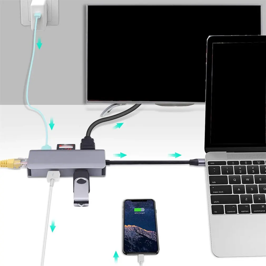 Type C USB C концентратор многопортовый USB 3,1 type C к HDMI USB 3,0 RJ45 SD кардридер зарядка PD адаптер конвертер для Mac