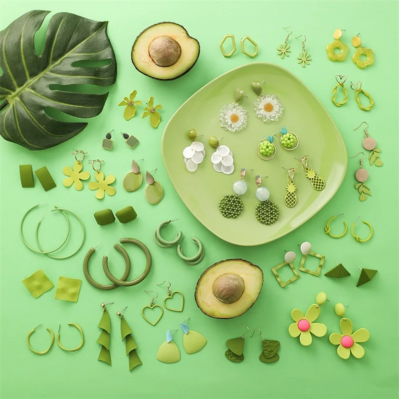 

Korea Summer Fresh Green Flowers Heart Shape Acrylic Long Pendant Earrings Geometry C Shape Fruit Trends Women Earrings Jewelry