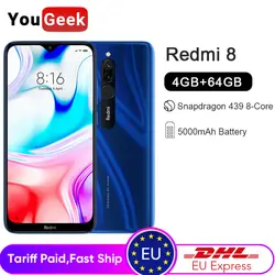 Новая глобальная версия мобильного телефона Xiaomi Redmi 8, 4 Гб ОЗУ, 64 Гб ПЗУ, Восьмиядерный процессор Snapdragon 439, двойная камера 12 МП, аккумулятор 6,26