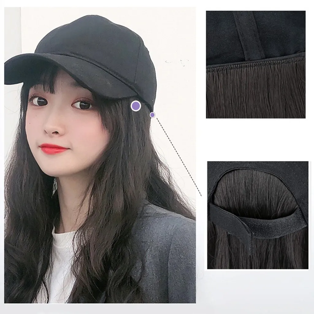 

New Baseball Cap with Long Wavy Hair Extensions Black Cap with Long Synthetic Hair Extensions for Girls Easy to Wear#g3