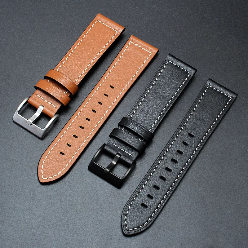 Cowhide leather watch with pin buckle men's strap plain weave cowhide 22 24mm accessories silver black | Наручные часы