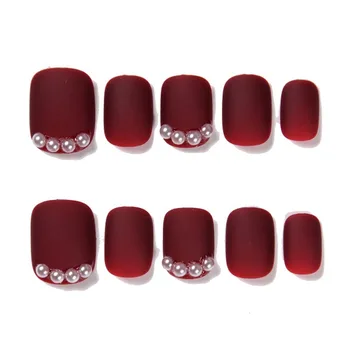 

24pcs New short matte false nails Fashion Japanese Wine Red nail tips Shiny Fake Pearl Decoration fake stick on nails with gule