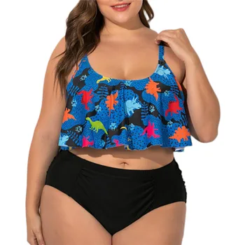 

L To 2XL 3XL 4XL Big Size Women Swimsuits Cute Dinosaur Floral Print Swimwear For Women Plus Size High Waist Bikini Set Tankini