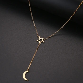 

CACANA Long Pendant Moon And Hollow Star Necklaces Pendants For Women Simple Design Necklace Stylish Stainless Steel Jewelry