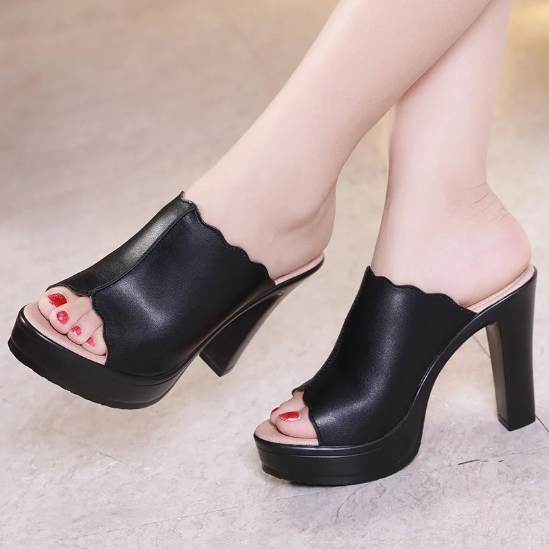 

13cm super high heel slippers thick bottom crude with small size sandals and slippers waterproof platform fish mouth flip flop