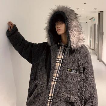 

Winter New Lamb Hair Jacket Men's Warm Thick Fashion Parka Men Solid Color Casual Fur Collar Hooded Coat Loose Cotton Jacket