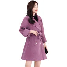 Зимняя куртка женская новая однотонная шерстяная куртка Корейская верхняя одежда средней длины свободный большой размер с поясом двубортное Женское шерстяное пальто