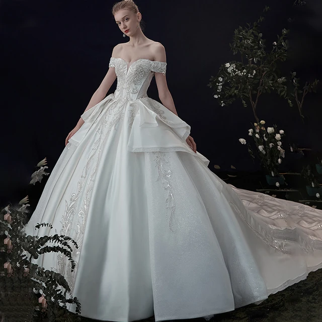 LDR78 New Satin French Style 2021 Wedding Dress Trailing Bridal Simple Off-shoulder Women's Banquet Gown свадебные платья 4