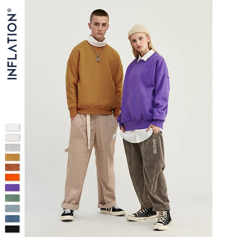  INFLATION 2019 Winter Mens Hip Hop Sweatshirts Velvet Fabrics Fleece Sweatshirts 10 Solid Color Men