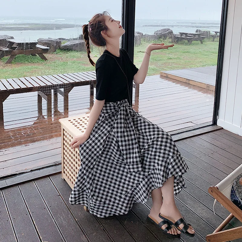 

2019 French Casual Mock Two-Piece Checkerboard Joint T-shirt Black And White Lattices Dress Women's Sleeves Bandage Cloth Belt