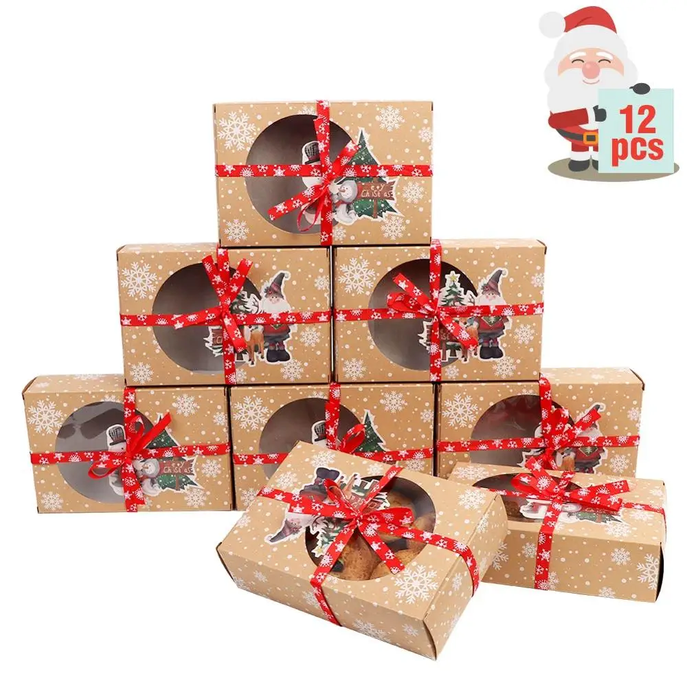 OurWarm 12 шт рождественская подарочная коробка для печенья с крышками прозрачное окно крафт-бумажные коробки год подарочная коробка сувениры DIY поставки - Цвет: Cookie gift Box