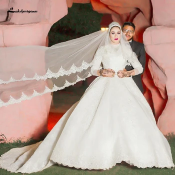شراءفساتين زفاف إسلامية فاخرة كم طويل دانتيل عتيق مطرز إسلامي جديد فساتين زفاف زفاف قطار طويل Vestido De Noiva 2020