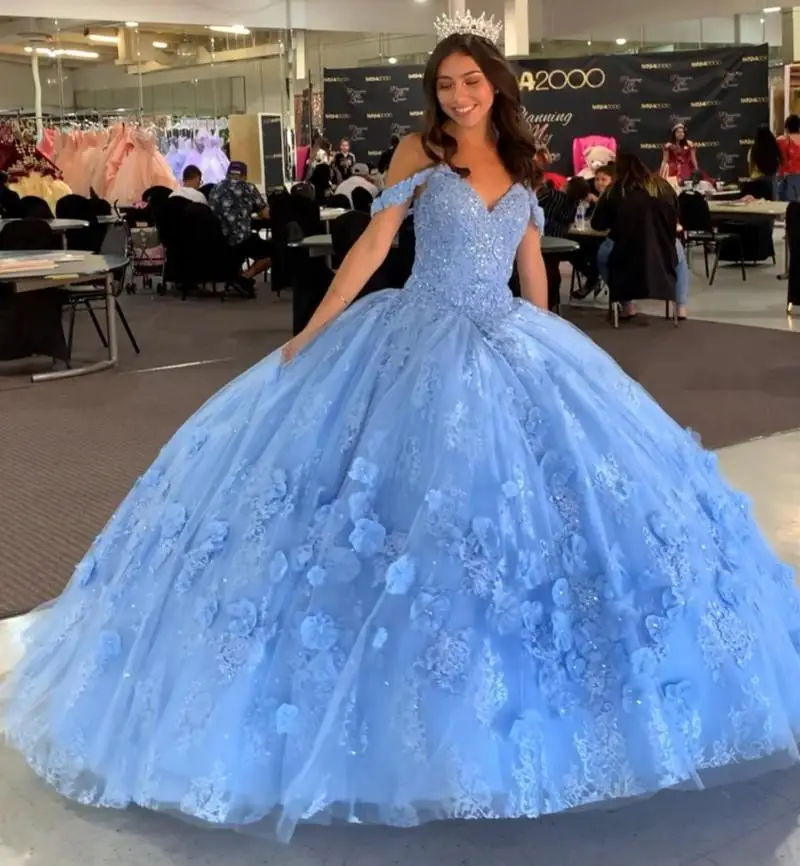 Vintage Light Blue 3D Floral Flowers Cheap 2021 Quinceanera Prom dresses with Sleeves Off Shoulder Lace Long Formal Party Sweet 16 Dress