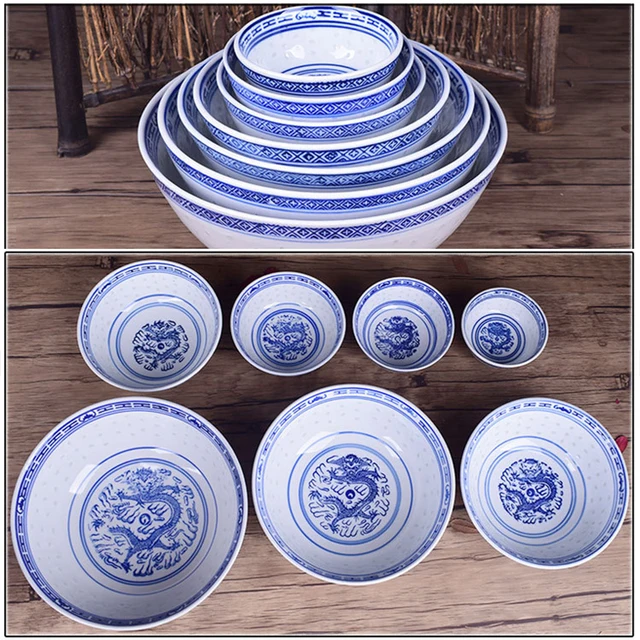 Chinese Dragon Fine Blue and White Porcelain Rice Pattern Bowls Cereal Bowls Rice Bowls Jingdezhen China Soup Bowl Fruit Bowl 5