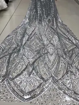 

2019 African Net Lace Fabric, High Quality Elegant Silver Sequins Nigerian Wedding Lace Fabrics 5Yards Sequins French Tulle lace