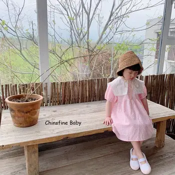 

2020 New Summer Children's Korean Lapel Plaid Dress Girls Lady Skirt