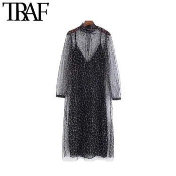 

TRAF Women Vintage Sexy Transparent Leopard Print Mesh Midi Dress Fashion Two Pieces Sets Long Sleeve Female Dresses Vestidos