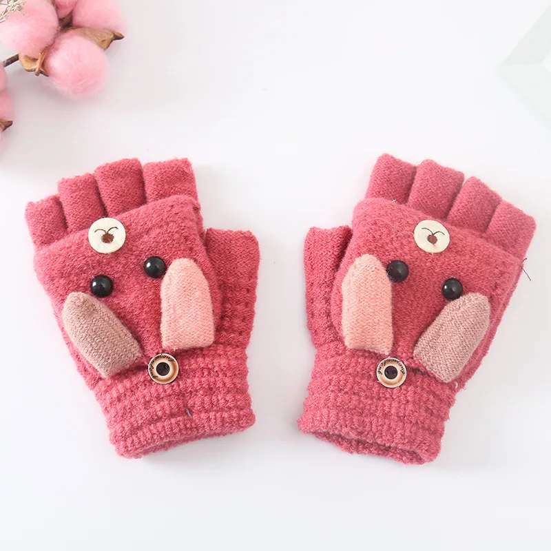 Детские Популярные Мультяшные перчатки с откидной крышкой, перчатки с половинными пальцами, зимние теплые утепленные вязаные варежки, лоскутные перчатки для собак, розовые, серые - Цвет: Красный