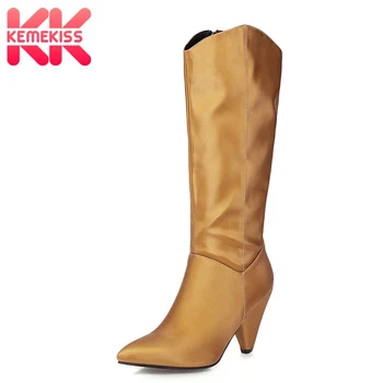 

KemeKiss Women Knee High Boots Plus Size 35-47 Western Style Solid Color Shoes Women Pointed Toe Zipper Party Female Footwear