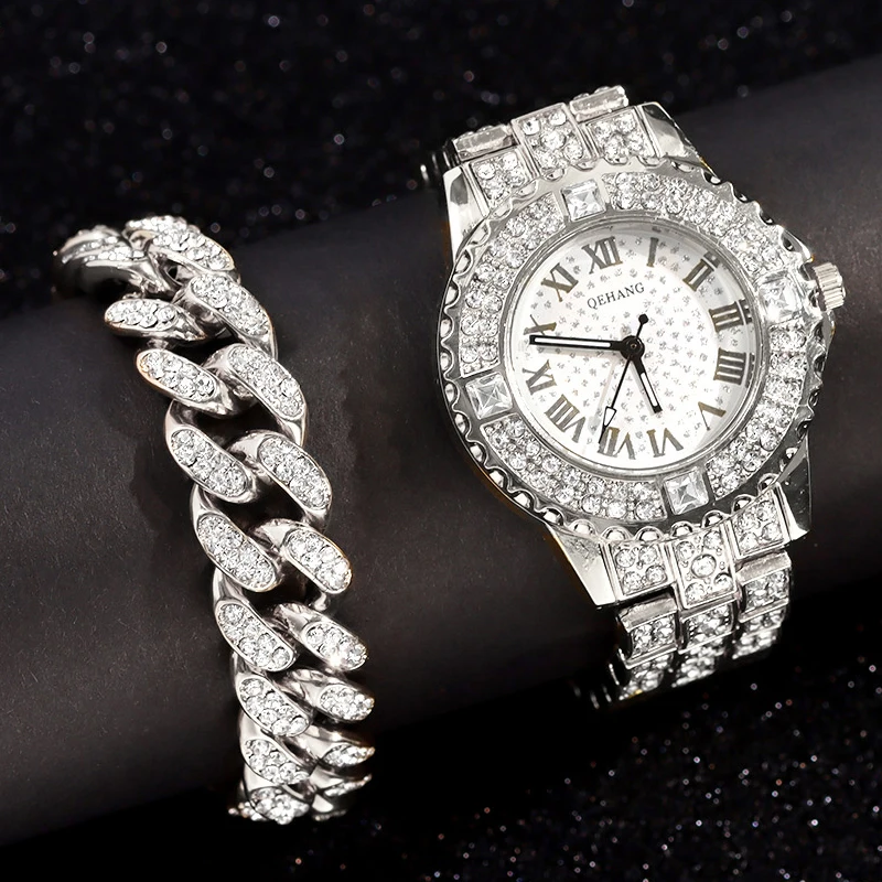 Iced Out Rose Gold Silver Color Watch Women's Luxury Rhinestone Cuban Chain Bracelet Watches Fashion Wrist Watch Hip Hop Jewelry 