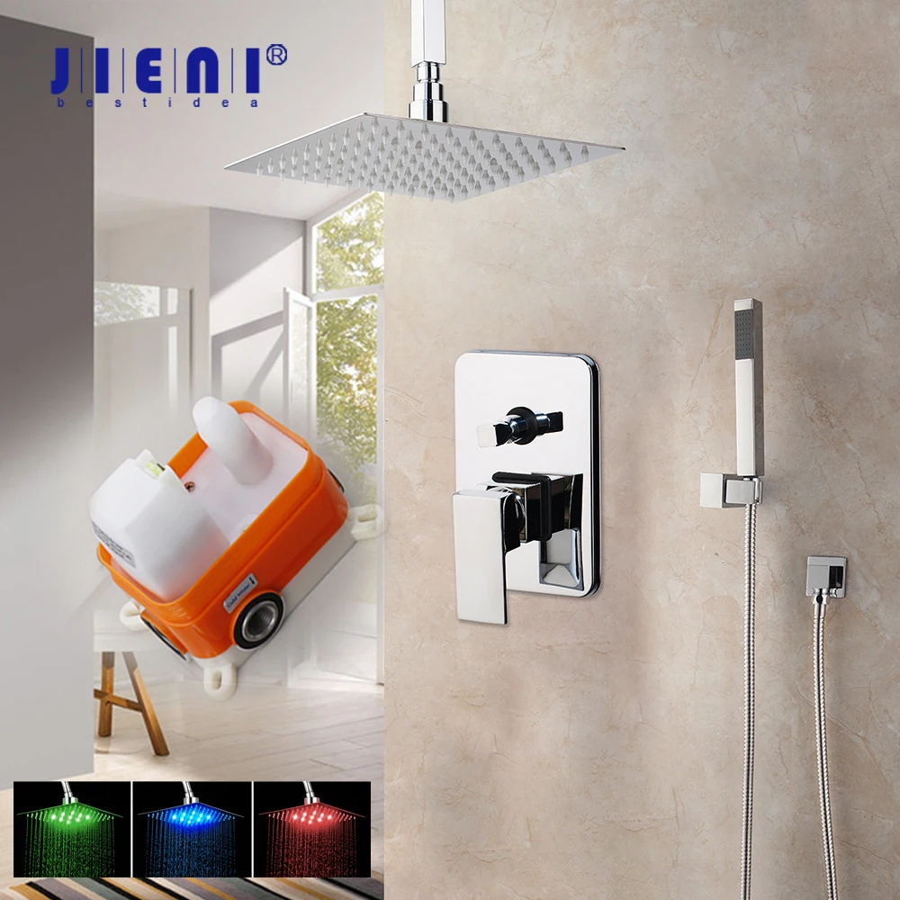 LED 8 inch Bathroom Shower Head Chrome Wall Ceiling Mount Rainfall Faucet 