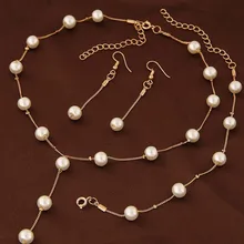 Fashion Women Delicate Classy Jewelry Faux Pearl Necklace Earring Bracelet Jewelry Set