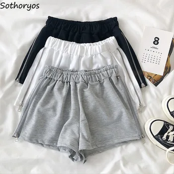 

shorts women summer elastic-waist side-zippers solid slim korean style loose outwear casual simple elegant students ulzzang chic