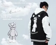 

QIWN Men's Jacket Autumn American Jacket Color Matching High Street Embroidered Jacket Oversize Jacket Bear Jacket