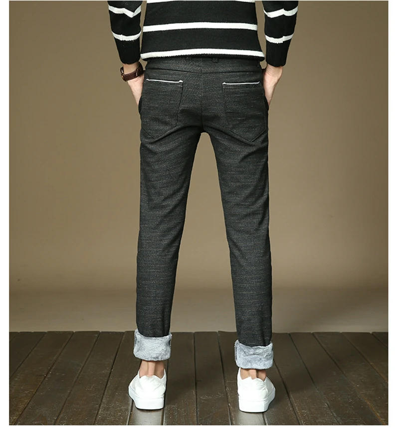 Mens Winter Fleece Warm Pants Men Korean Casual Slacks Slim Warm Thick Pants for Men Fashion Black Gray Blue Trousers Male,688