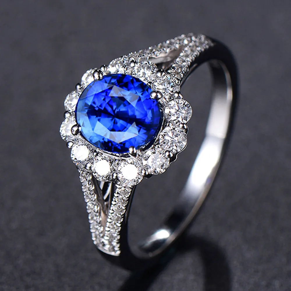 Sapphire ring Сапфировый драгоценный камень женские кольца из белого золота Аквамарин голубые кристаллы кольцо для помолвки циркониевые бриллианты Роскошные ювелирные изделия - Цвет камня: Sapphire ring
