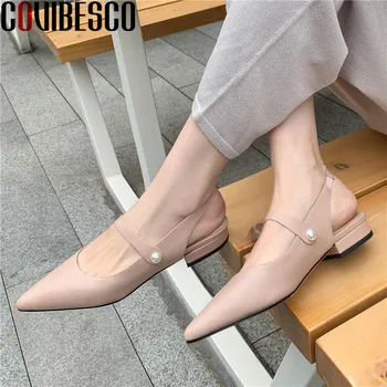 

COVIBESCO Retro Genuine Leather Women's Sandals Pearl Decoration Low Heels Top Summer Female 2020 New Party Casual Shoes Woman