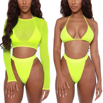 

3PCS Womens Swimwear Summer Solid Color Swimsuit Beach Bathing Suit Female Push Up Padded Bra Bikini Set + Long Sleeves Cover Up
