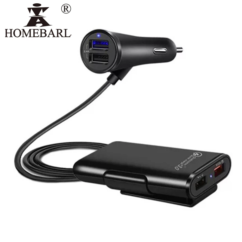 

1.8M Front Back Seat Car Charger QC3.0 Fast Charge 8A 4 USB Ports With Clip + Long 1.8 Meters Extension Line Cable For Backseat