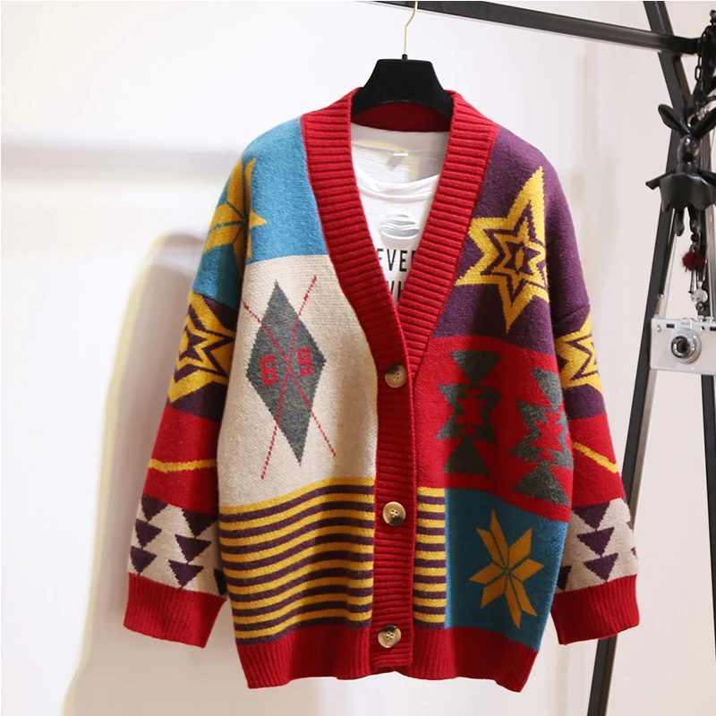 

Women Sweaters V-neck Single Breasted Knit Cardigans Casual Red Blue Geometric Print Christmas Sweaters Chic Outerwear Cardigan