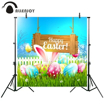 

Allenjoy Wooden Sign Background Lawn Graffiti Eggs Grass Rabbit Ears Festival Photozone Backdrop Spring Cartoon Easter Wallpaper