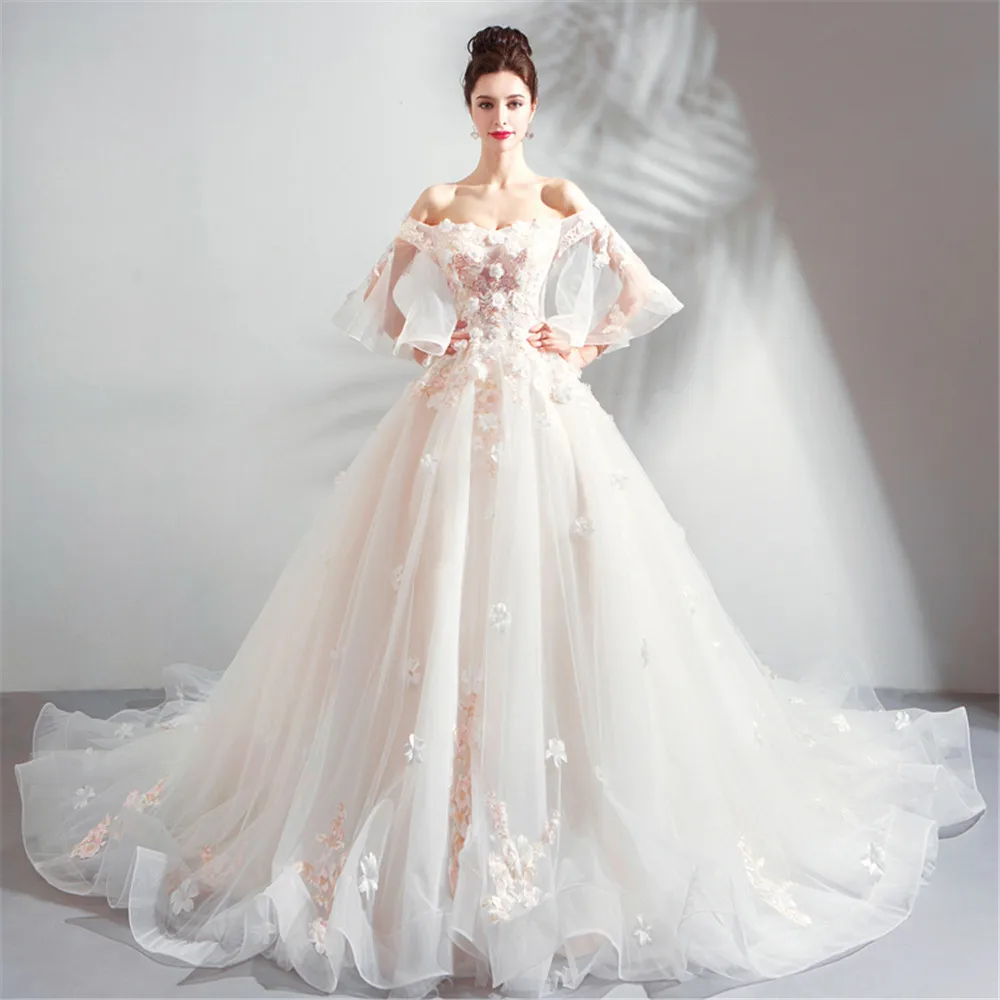 Perlen Kleid большой шлейф Фея Выпускные платья с вышивкой цветок колокольчик рукав