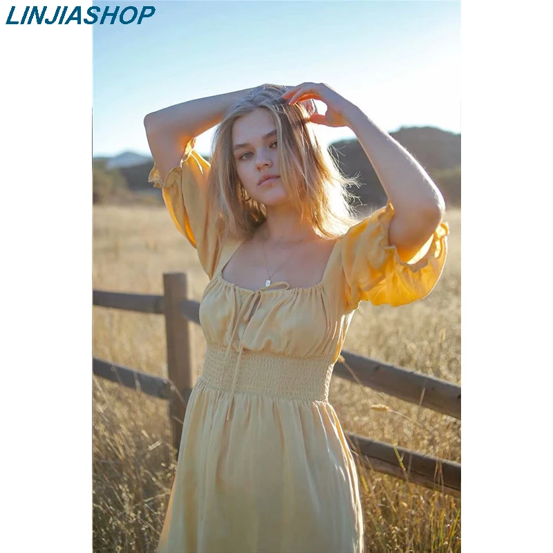 

Elegant vintage dress woman beige square neck high waist elastic bust strap adjustable short sleeve holiday summer mini dress