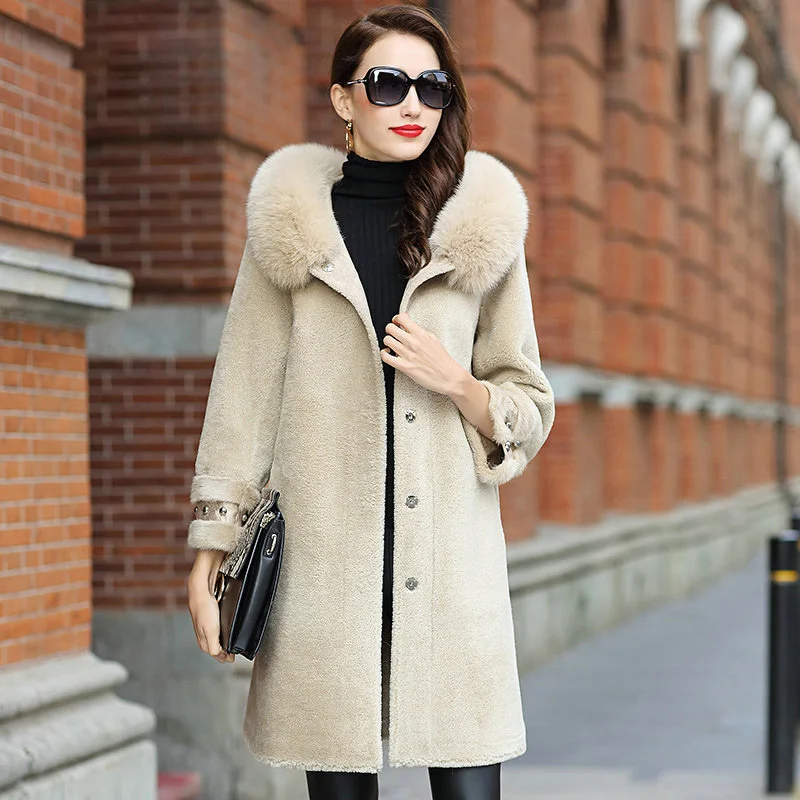 Осенне-зимнее Новое модное кожаное длинное шерстяное пальто с шерстью, овечья шерсть, пальто с мехом, Женская длинная куртка с капюшоном из лисьего меха