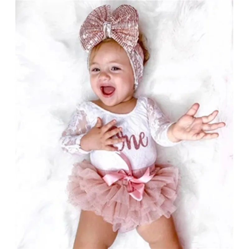 Cute Baby Clothing Girls My First Birthday Outfits Long Sleeve Floral Lace Romper Tutu Skirt Headband Baby's Set Baby Clothing Set Baby Clothing Set