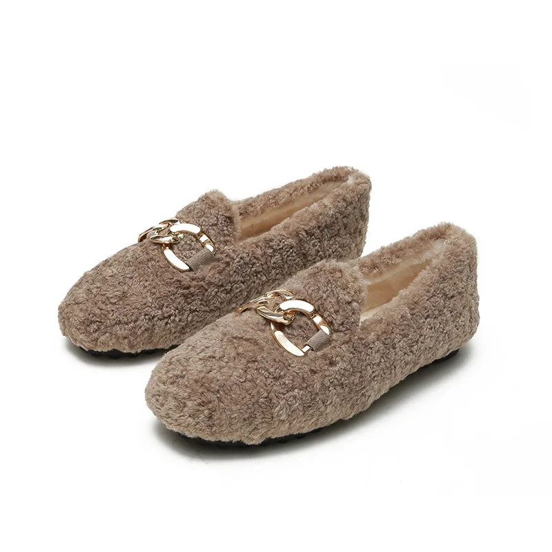 Chain Lambswool Flats Moccasins Femme Slip On Plush Winter Ladies Shoes Curly Furry Loafers Women Creepers Zapatos Plus Size 43 6