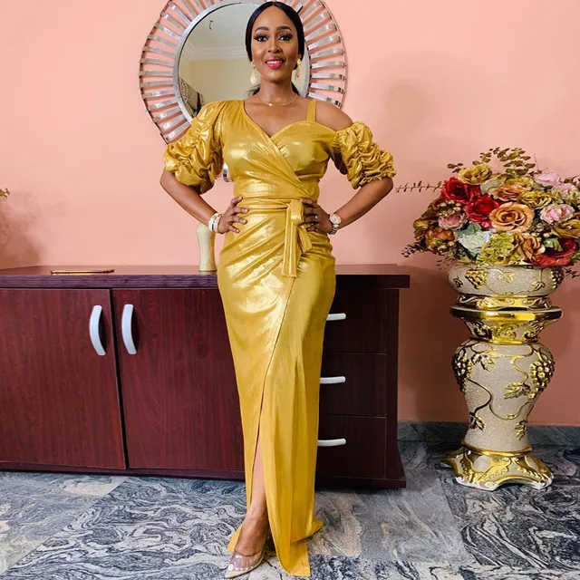Voke African V Neck Off Shoulder Dress