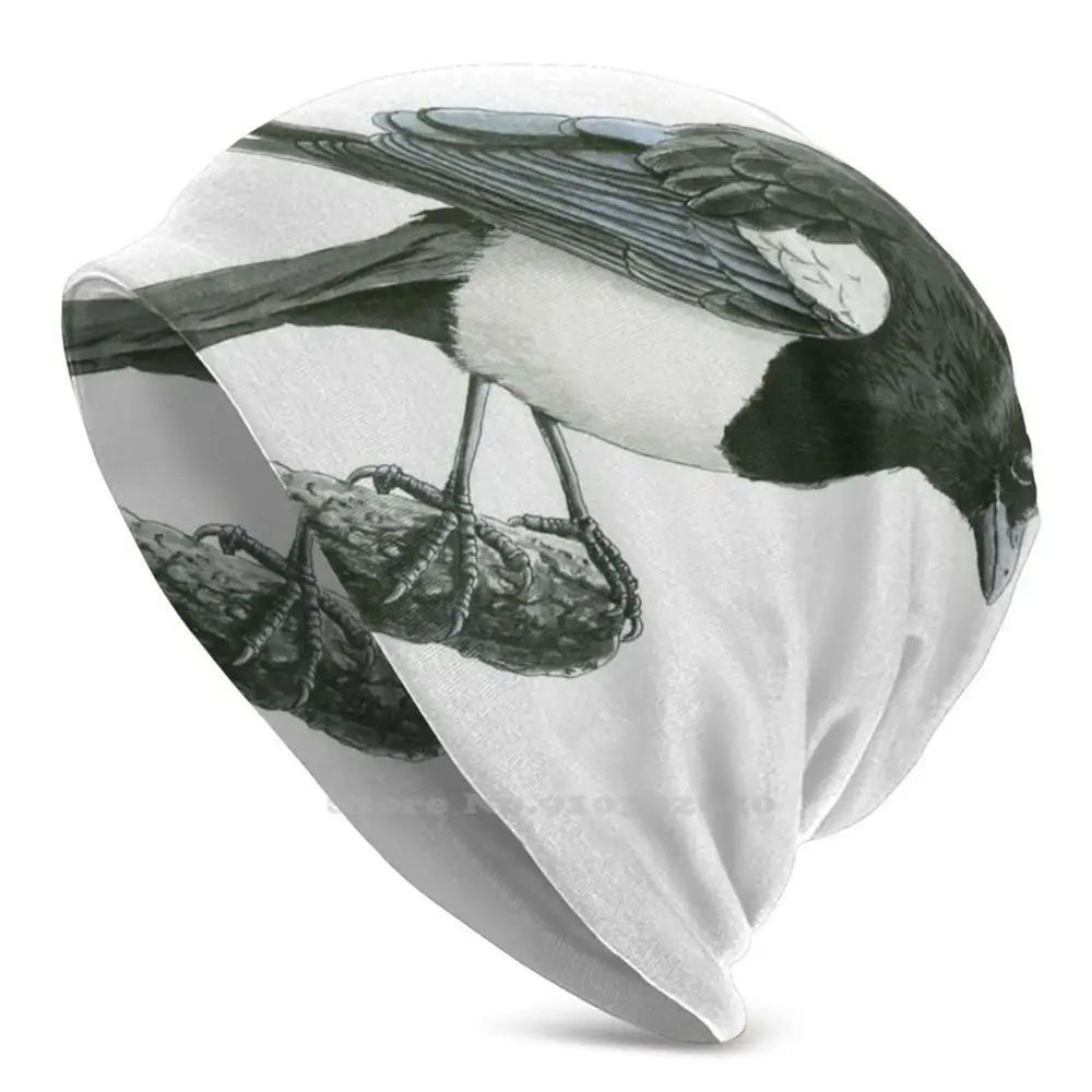 Magpie Ink Painting Skullies &amp Beanies Autumn Winter Warm Hat Animal Bird Nature Pica Realism Watercolor Branch | Аксессуары для