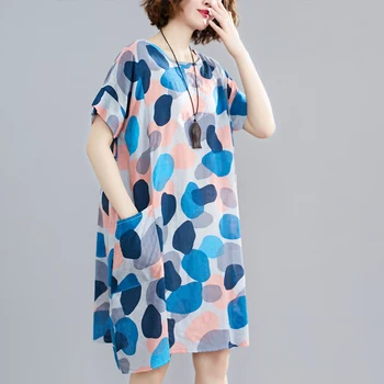 

2020 New Summer Vintage Women Print Dress Loose Cotton Linen Short Sleeves O-Neck Loose Robe Dresses