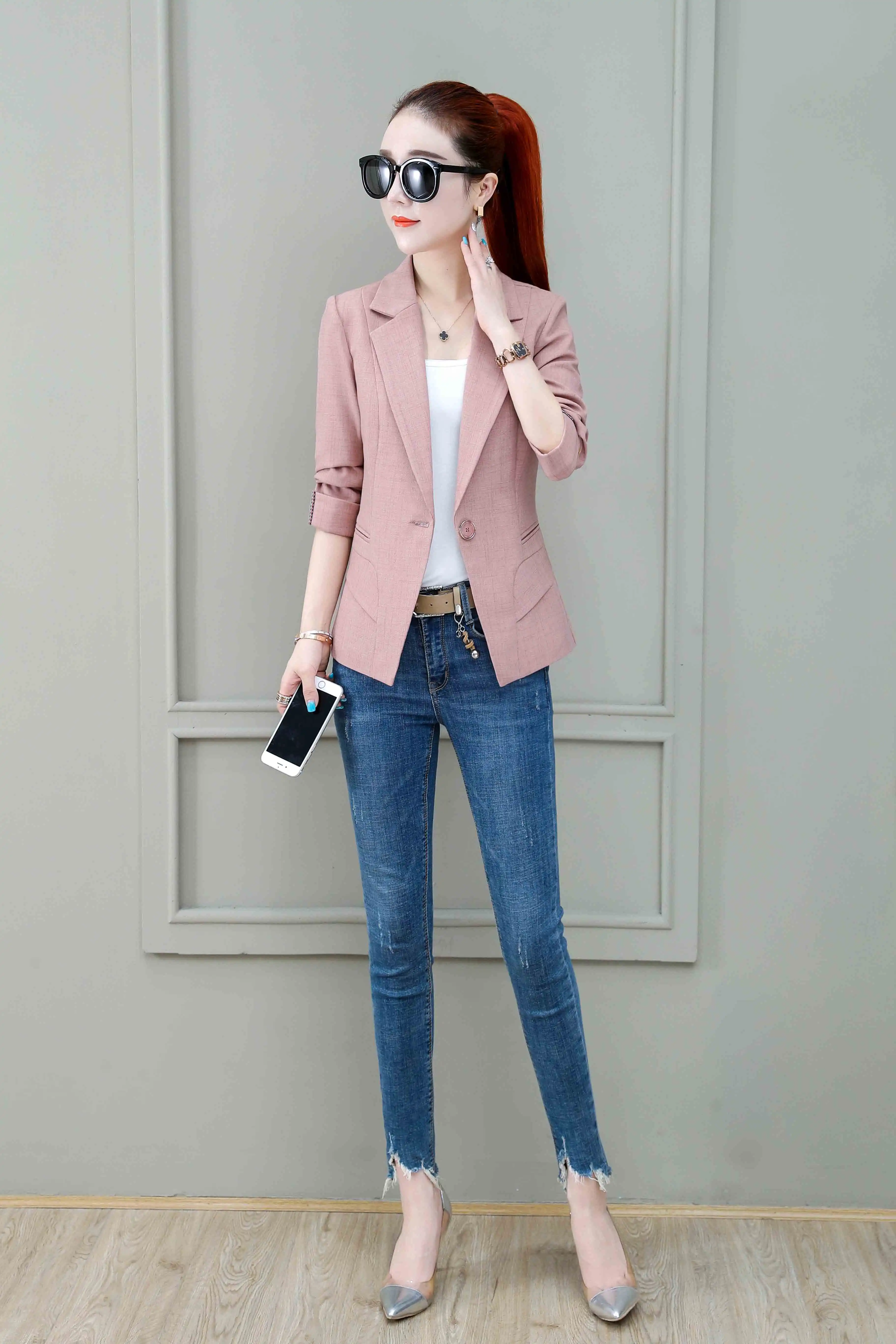 Pink Женские сплошные блейзеры Корейский Осенний модный, застегивающийся на одну пуговицу вырубленный длинный рукав карманы Офис Леди Дикий Тонкий короткий топ - Цвет: Pink