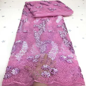

Purple Latest African Net Lace Fabric 2020 beads High Quality Sequins Nigerian Lace Fabrics 5Yards French Tulle Lace Material