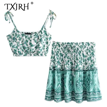 

TXJRH Bohemia Tribe Floral Print Tank Ruched Camis Backless Bra Crop Tops Sexy Women Elastic Waist Tie Bow Mini Skirt 2 Pieces