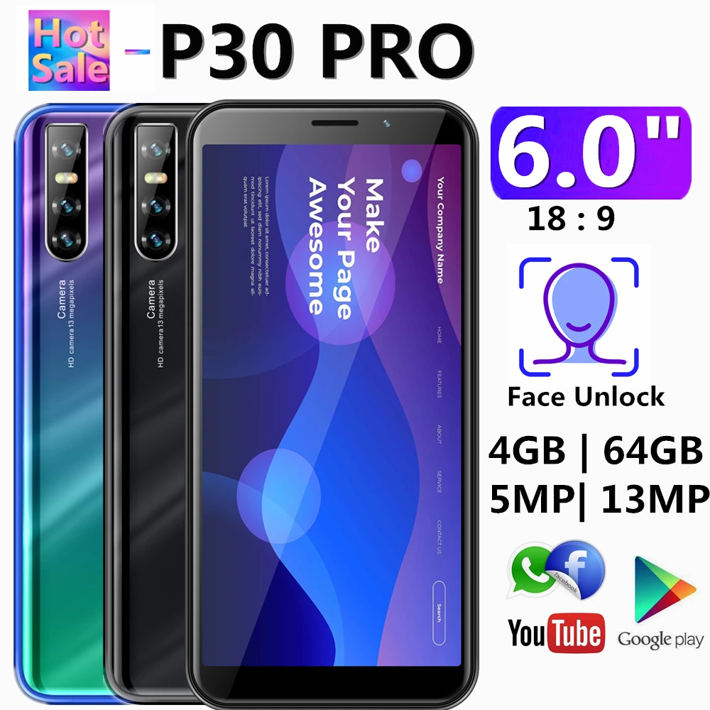 P30 Pro смартфонов 4G Оперативная память 64G Встроенная память 6," 4 ядра 13+ 5 Мп мобильных телефонов Android мобильного телефона уход за кожей лица разблокированные сотовые телефоны